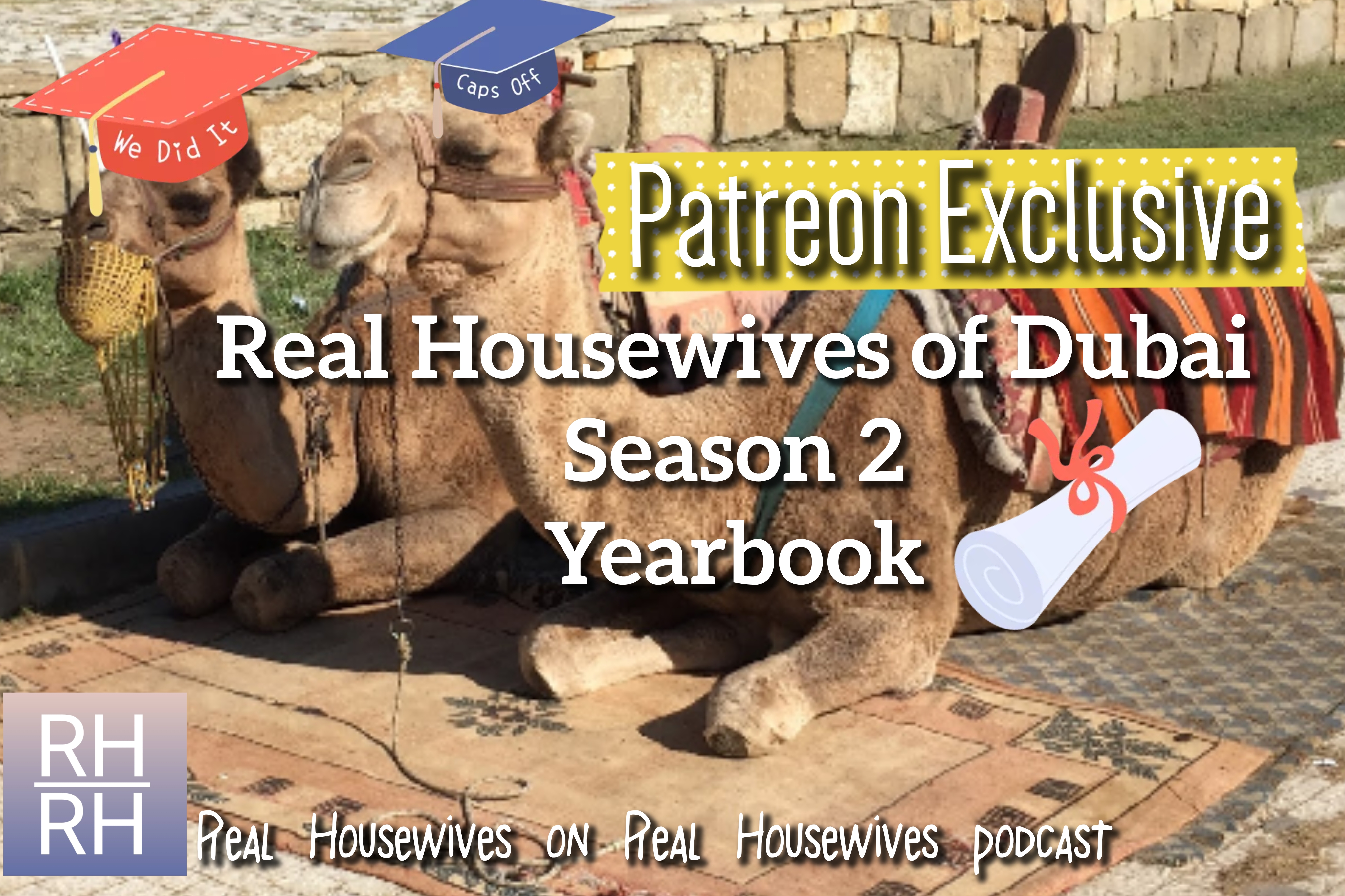 Two camels with graduation hats and episode title